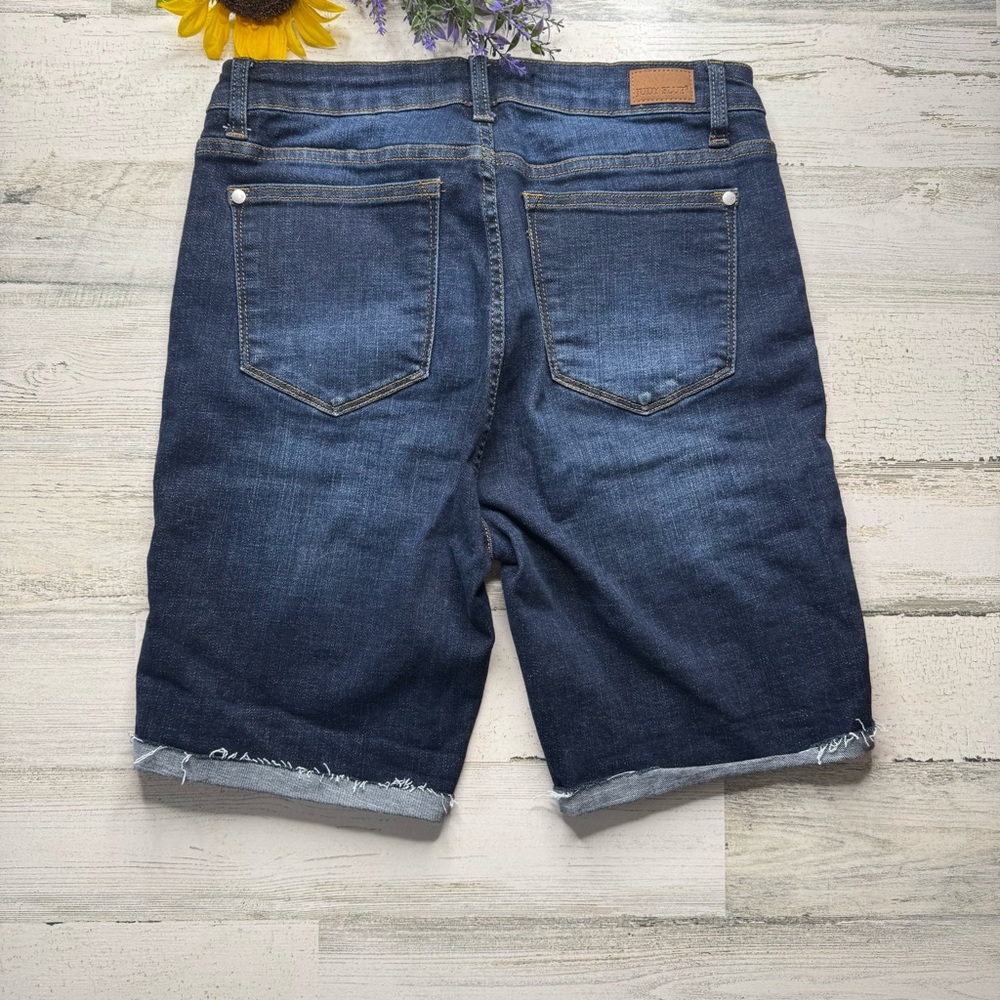 Judy Blue Patch Destroyed Dark Denim Bermuda Jean Shorts - Picture 5 of 5
